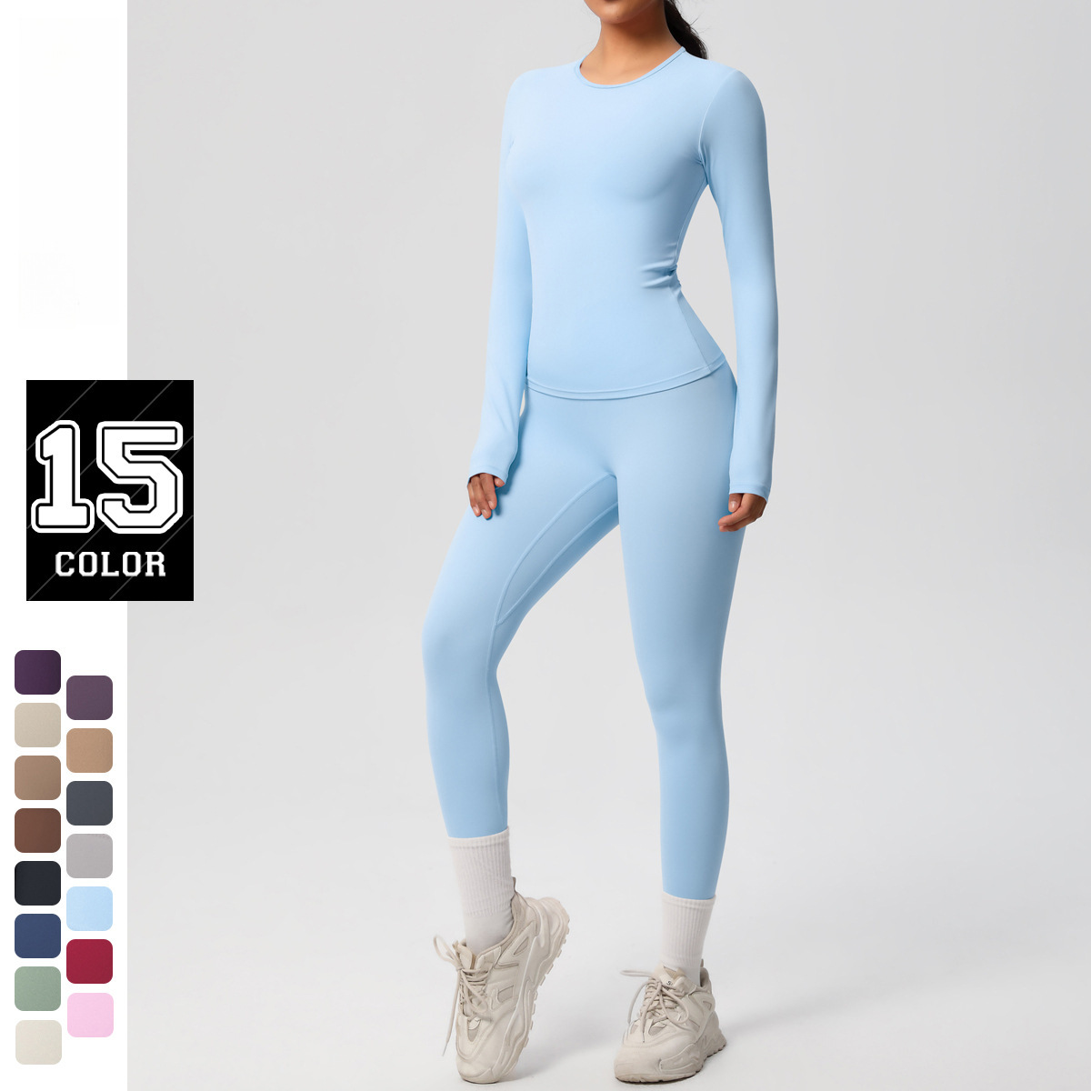 跨境速干裸感亲肤紧身长袖瑜伽套装户外跑步显瘦健身裤运动套装女