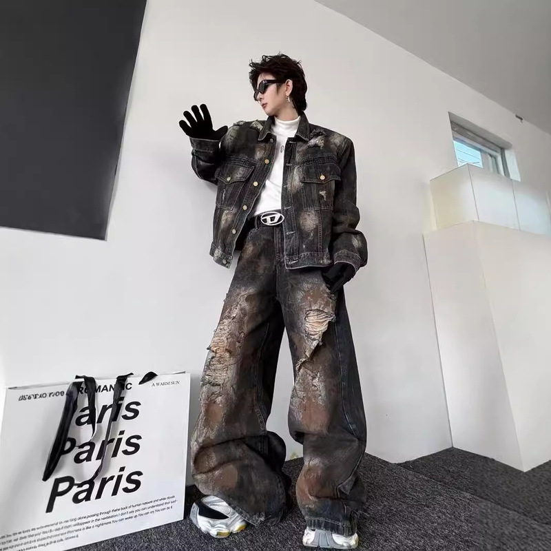 American-style High Street Retro Ripped Denim Jacket Men's Fashion Brand Yipi Shuai Fried Street Straight Loose Denim Pants suit