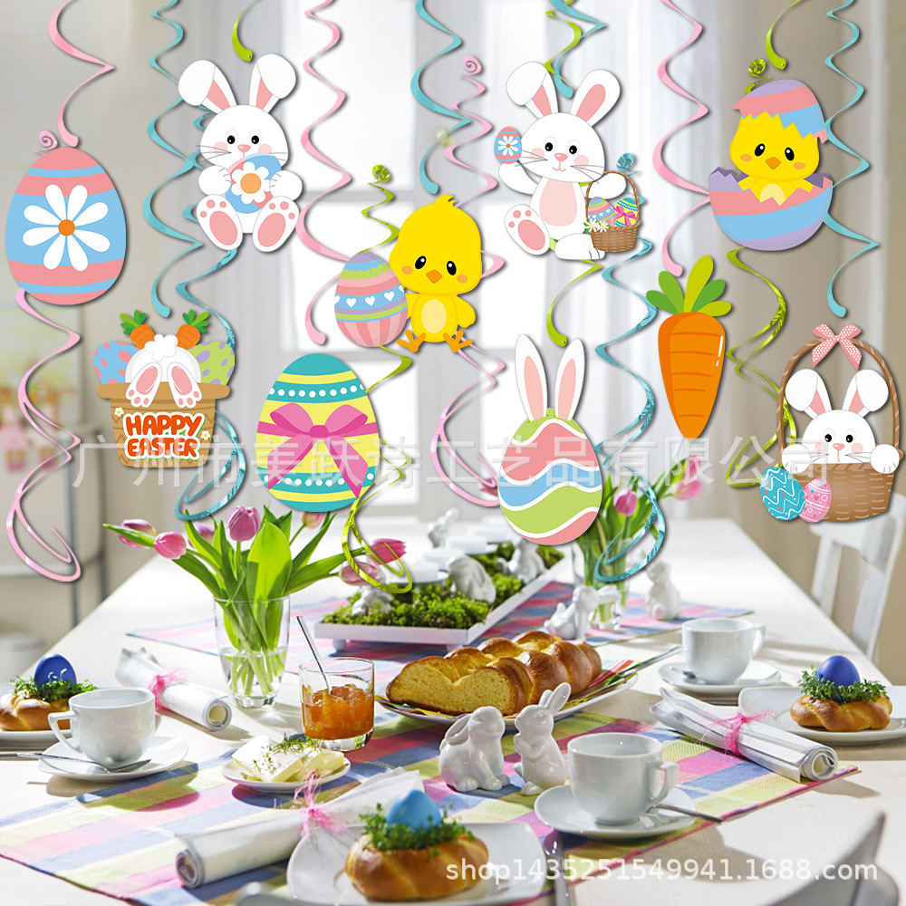 Conejo de Pascua adornos en espiral de dibujos animados TEMA DE Pascua fiesta de cumpleaños huevo espiral decoraciones colgantes lugar de diseño