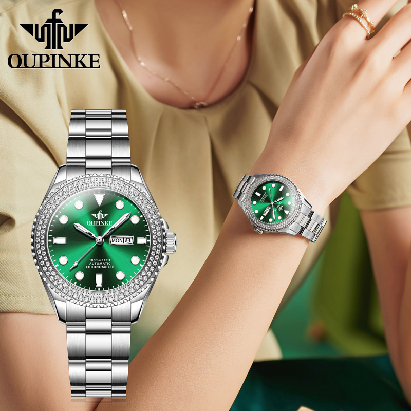 Swiss Official Authentic Qinlang Watch 2024 New Fully Automatic Mechanical Watch Dual Calendar Green Water Ghost Ladies Douyin