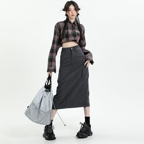 Open-back design drawstring work dress women 2025 gray versatile denim skirt niche high-waisted midi dress