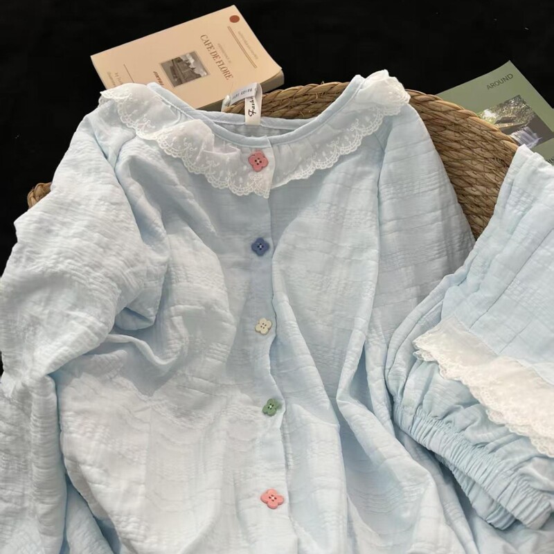 Korean-Style Sweet Doll Collar Pure Cotton Pajamas, New Spring and Autumn Round Neck Lace Girl's Home Dormitory Long-Sleeve Set