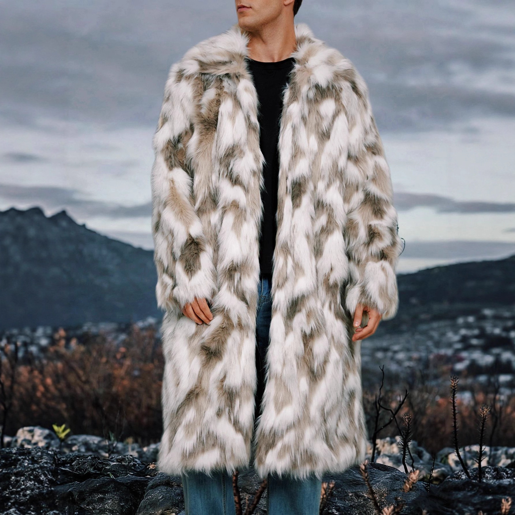 F0957 Cross-Border European and American Men's Autumn and Winter Imitation Fur Outwear Imitation Fox Fur Outwear Outwear Cold-Proof Warm Outwear
