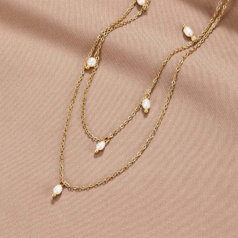 Colar feminino multicamadas em estilo barroco europeu e americano, banhado a ouro, com pérolas naturais em camada dupla._voghion.com