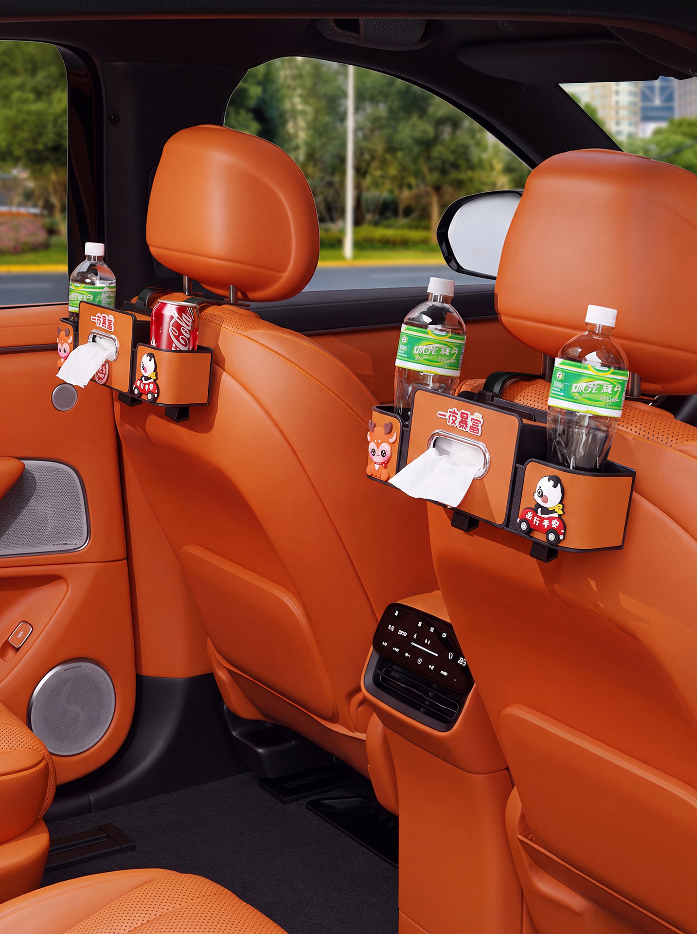Car seat back storage box, multifunctional tissue box with cup holder, cute cartoon car rear storage box