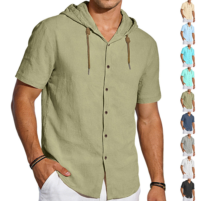 Camisa de lino con capucha para hombre, estilo europeo y americano, transfronteriza, de Amazon, con botones, fina, de verano, informal, de manga corta.