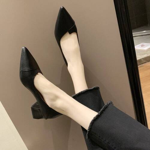 Summer Pointed Toe Thick Heel Women's French Pure Color Versatile Lift Shoes Unique Personality Women's Shoes
