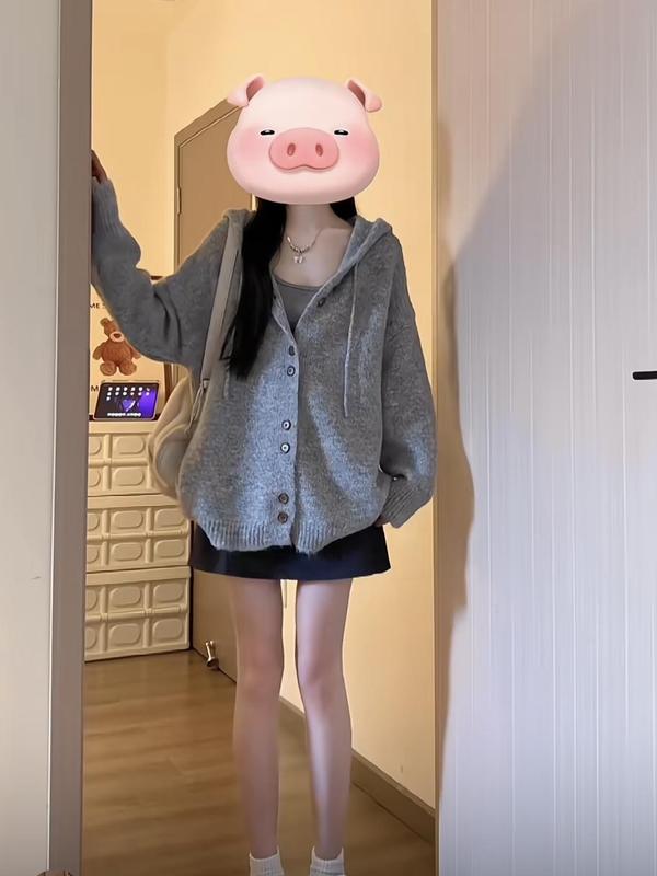 灰色连帽毛衣开衫外套女秋冬季韩系穿搭oversize慵懒风针织衫上衣|undefined