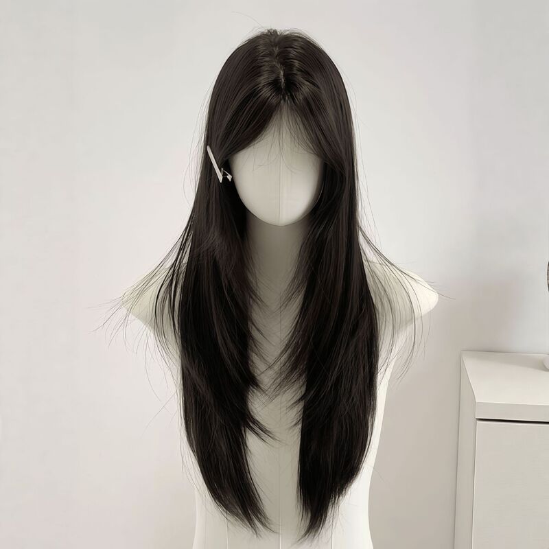Full Head Wig for Women, Black Long Straight Natural Hair with a Center Parting, Finely Crafted High-Layered Long Straight Hair, Seamless Daily Full Wig