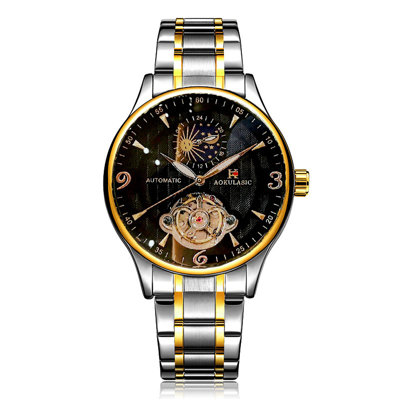 AOKULASIC hueco-hacia fuera transparente inferior luminoso Tourbillon reloj mecánico automático moda reloj de los hombres de moda 1922