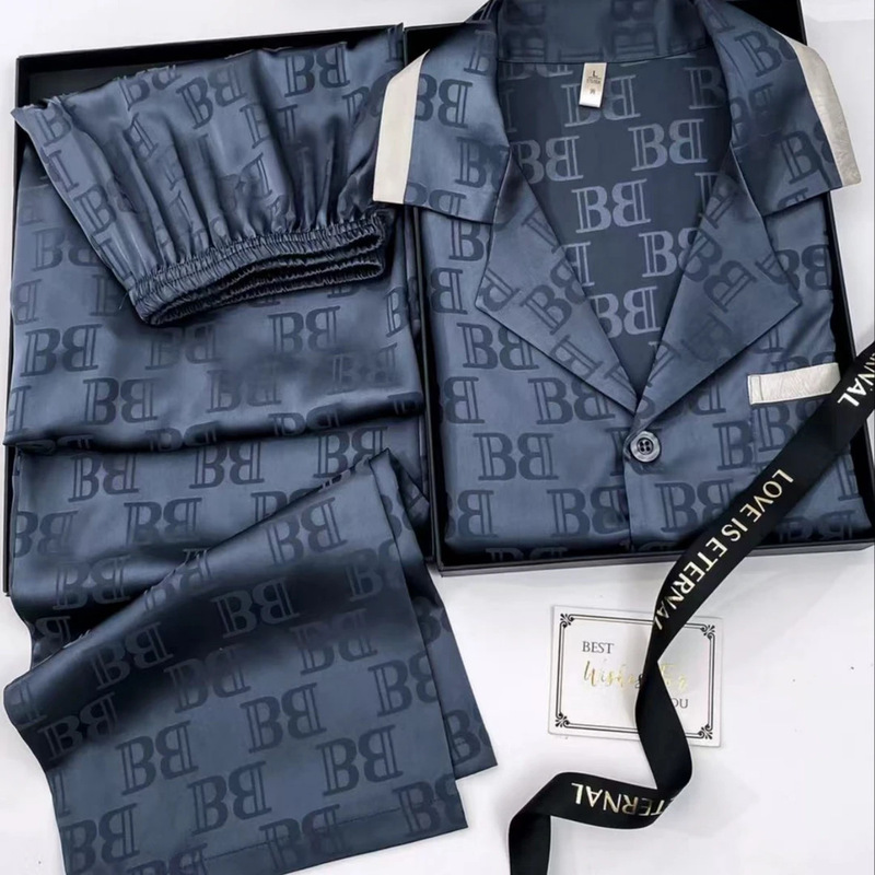 The Da Vinci Code High-End Young Men's Ice Silk Pajamas Long-Sleeved Home Thin Jacquard Silk Home Clothes