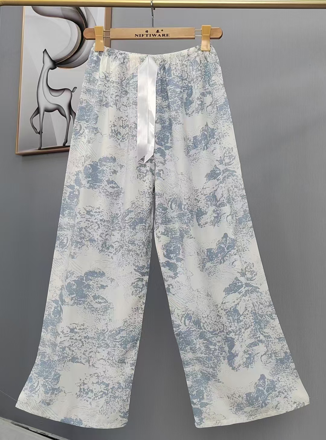 Pijama de seda de algodón para mujer, pantalones anchos de mujer embarazada de seda de algodón con estampado fino de verano