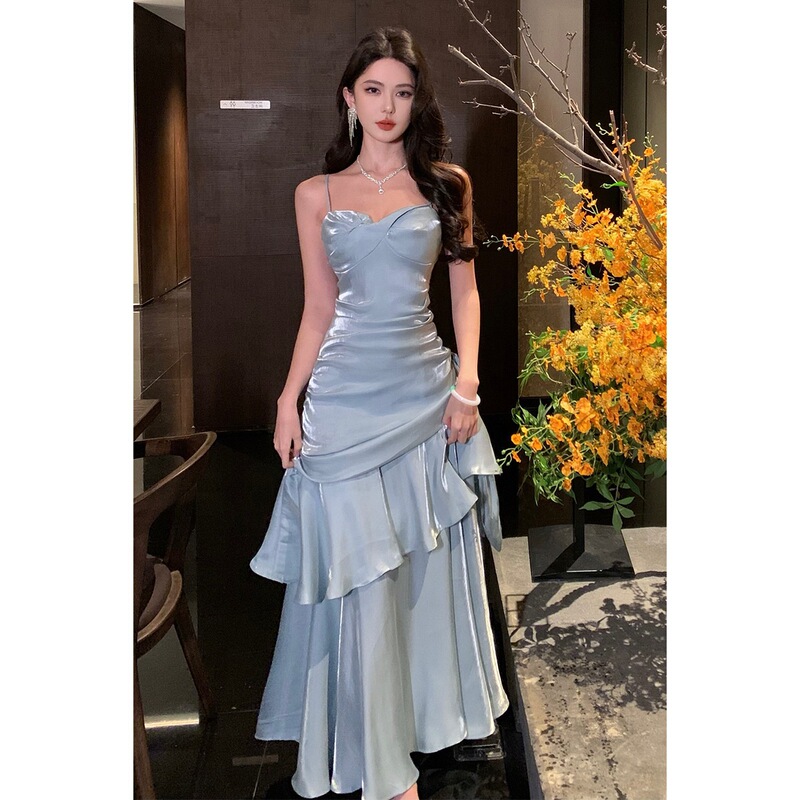 French-Style Elegant Waist-Cinching Ruffled Long Dress with a High-End Glossy Finish, Strapless Dress for Women, Party and Coming-Of-Age Ceremony Dress