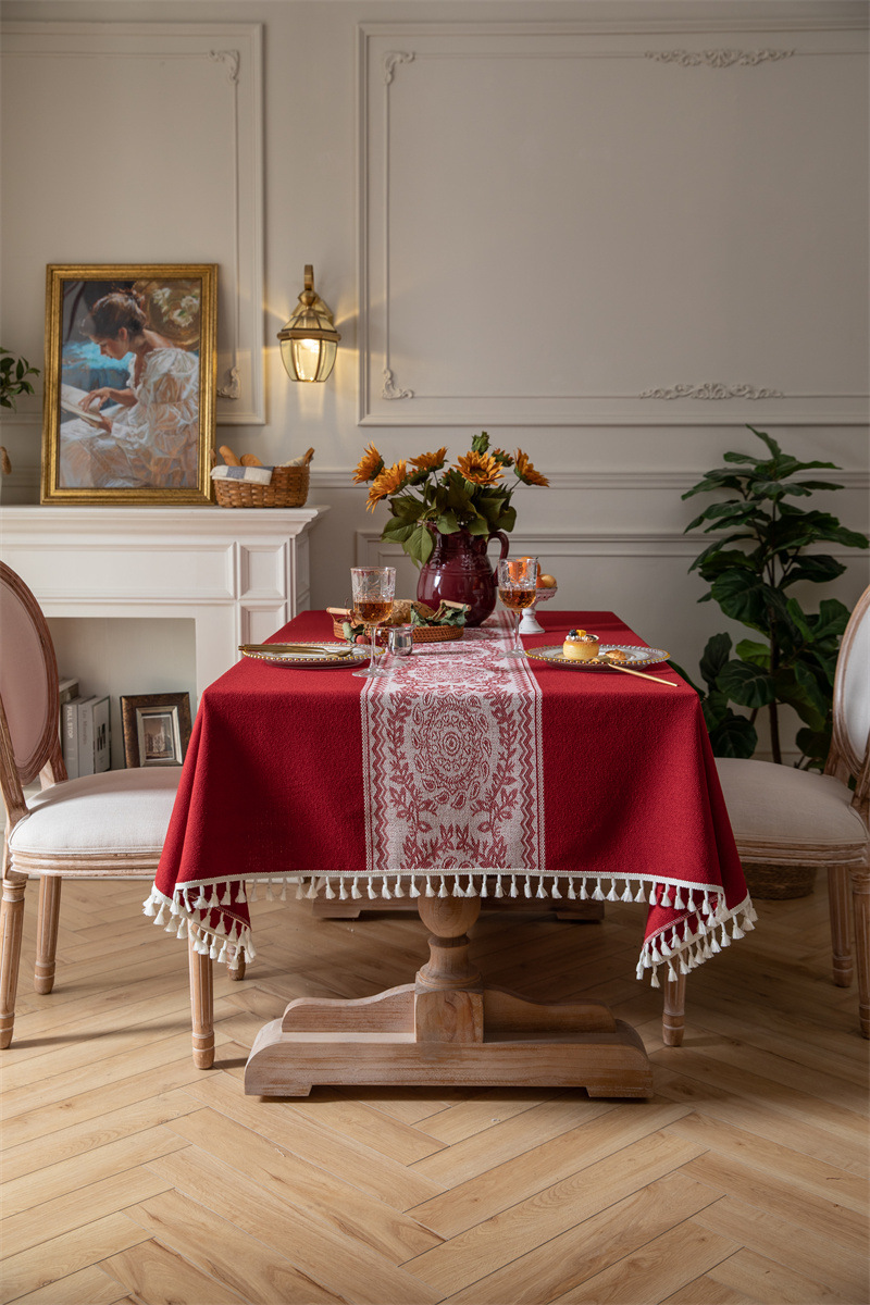 Tovaglia rettangolare da caffè/pranzo in jacquard di poliestere vintage con nappe, ideale per tavolini da caffè, con INS Cross-border Full Polyester Jacquard Vintage Floral Tassel._voghion.com