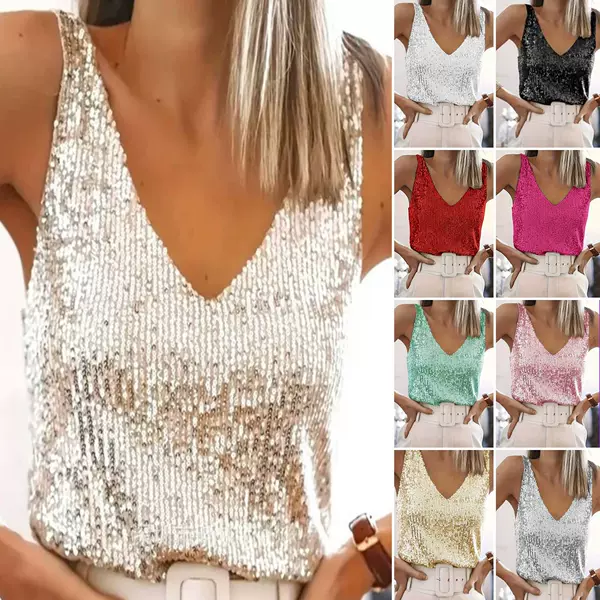 Cross-Border European and American Style Shiny Vest New Women's Sequined Sleeveless Top Amazon V-Neck Sexy Base Shirt Top