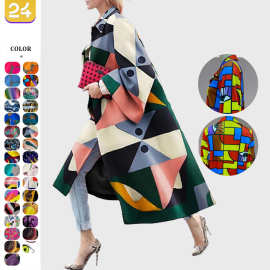 2025春秋现货wish独立站ebay亚马逊长款喇叭袖外套印花宽松风衣女