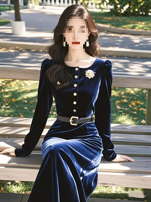 Autumn and Winter New French Formal Occasion Slimming Blue Long-Sleeved Velvet Dress