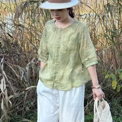 2025 夏ラミーシャツ半袖女性の刺繍入り中国風レトロ新薄型シャツ半袖カーディガン痩身