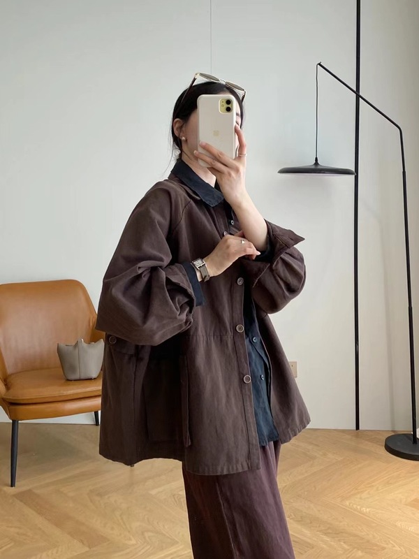 2025秋季新款翻领单排扣直筒型宽松版大口袋气质衬衫亚麻气质外套|undefined