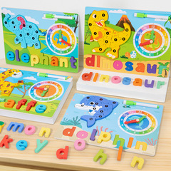 Preschool Early Education Animal English Word Double-Sided Puzzle Board Clock Teaching Aid Wooden Board Baby Toddler