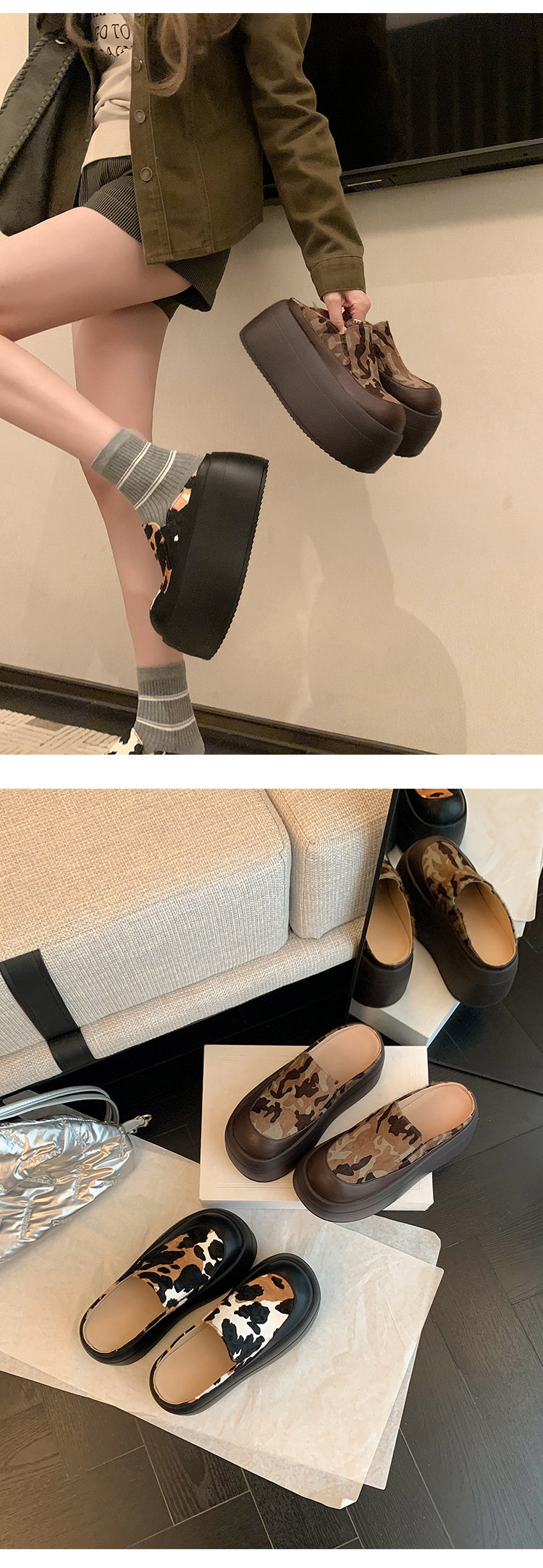 Mule nữ hở gót đế xuồng da lông bò họa tiết da báo — màu đen, màu xanh đậm chi tiết 13