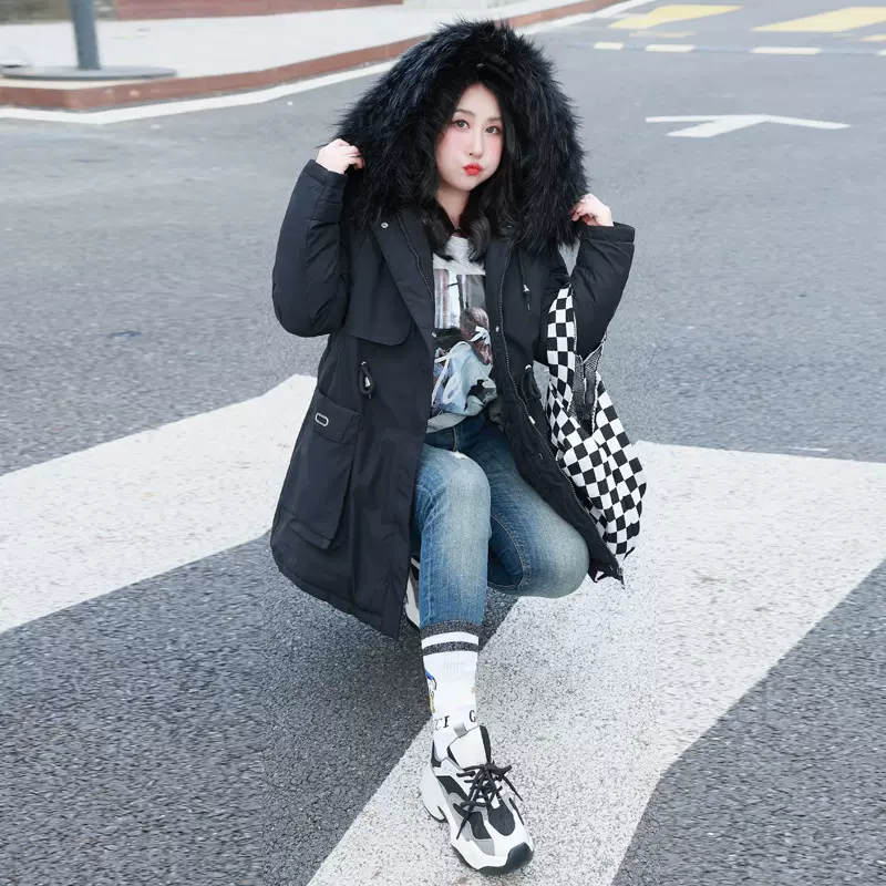 新款派克服女中长款加绒加厚外套风衣式棉衣大码女装羽绒棉服8217