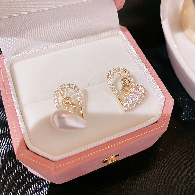 Sweet Round Heart Shape Bow Knot Copper Plating Inlay Pearl Zircon Drop Earrings 1 Pair