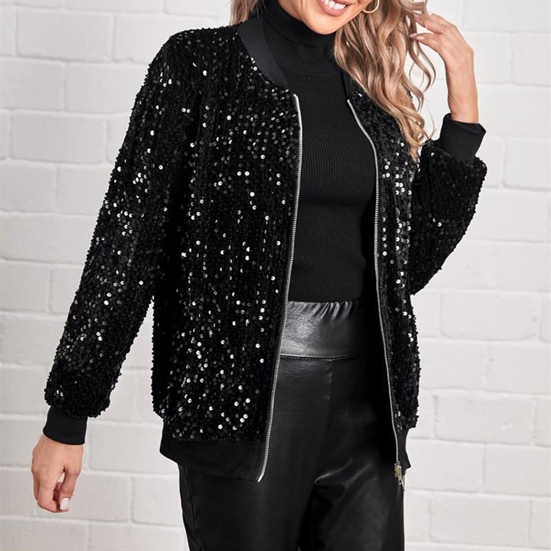 Chaqueta Corta de Punto Tipo Cárdigan de Poliéster con Lentejuelas y Cremallera para Uso Casual image 4