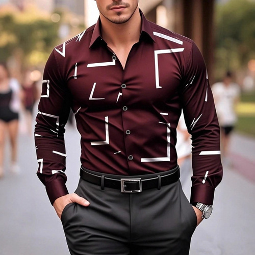 Men's Shirt, New Men's Casual Unstructured Four-Way Stretch Print Shirt, Spring and Autumn Long-Sleeve Shirt