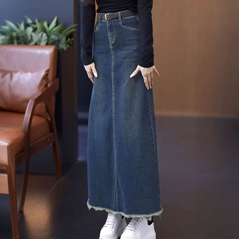 高级感牛仔半身裙女2025款春秋冬季a字深蓝色不开叉弹力长裙子|undefined