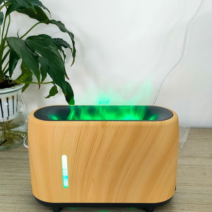 Colorido control remoto llama humidificador madera grano 3D simulación llama máquina de aromaterapia ultrasónico humidificador de aire aceite esencial