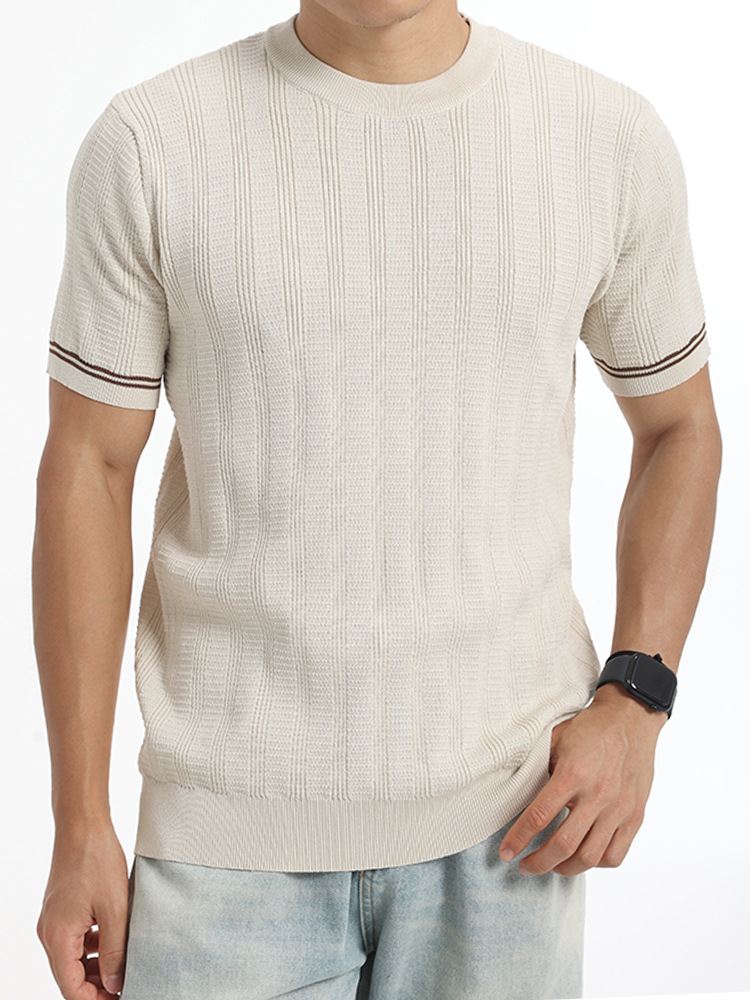 Europa y América transfronterizos hombre hielo tejido camiseta de manga corta cuello redondo textura vertical borde de color contraste chaqueta casual de negocios para hombre
