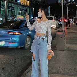 半截叠穿扎染罩衫女夏薄款辣妹网纱防晒衫抽绳长袖短款上