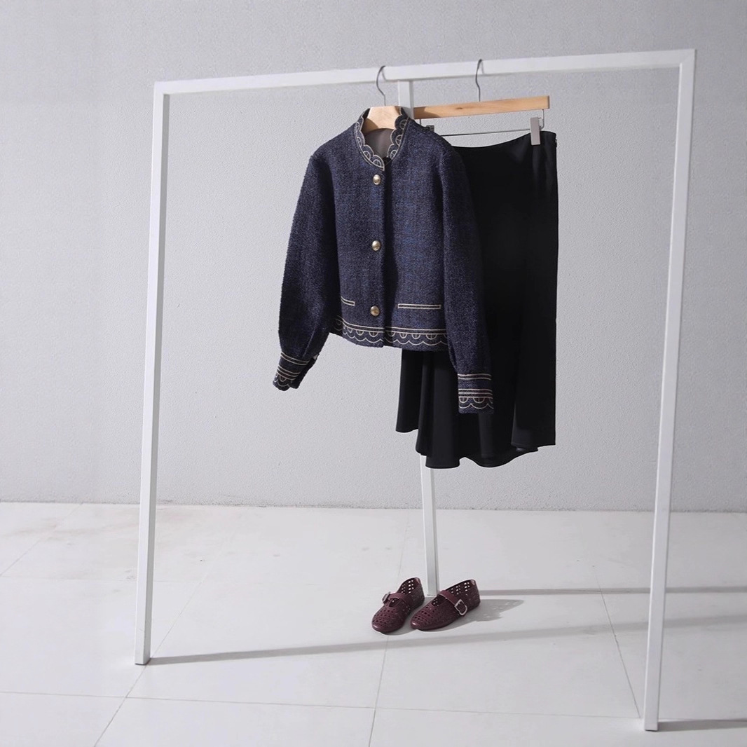 Wool Tweed, French Embroider Wavy Edge, Granular Terry Texture Single-Breasted Loose Short Jacket for Women