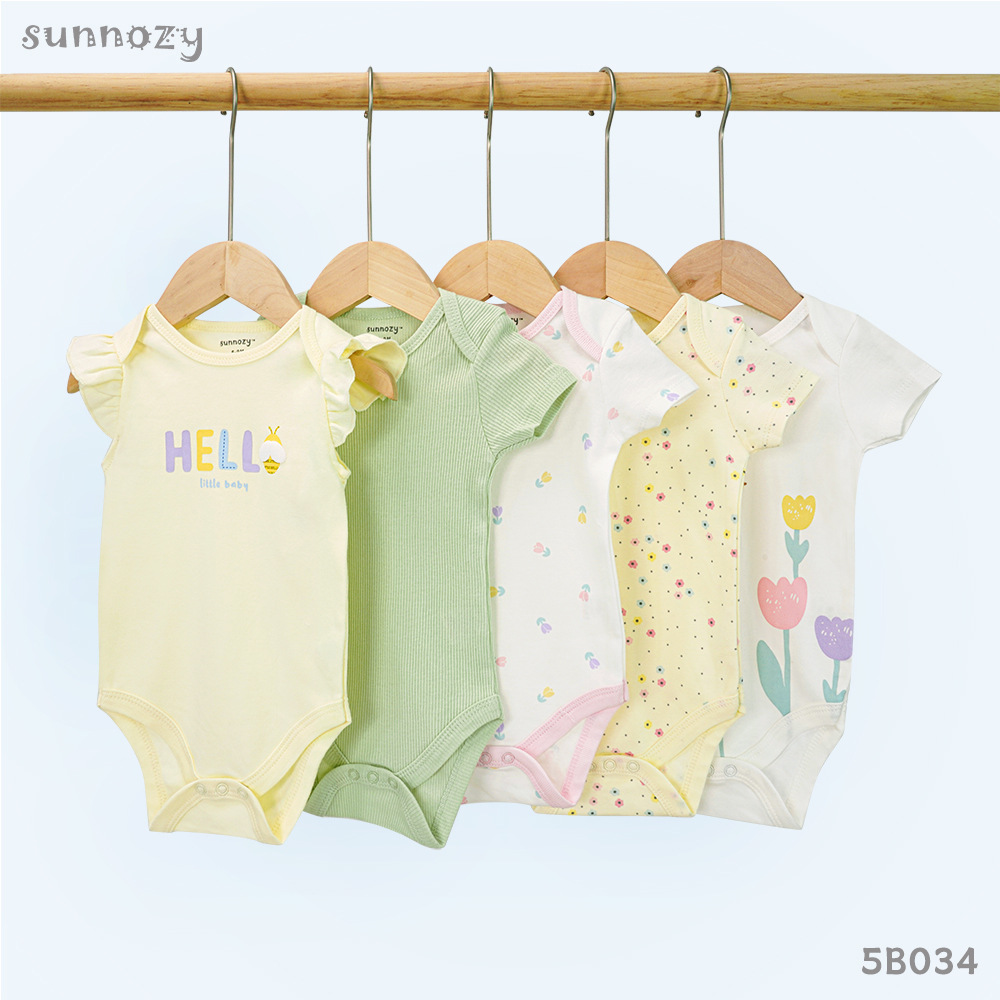 Conjunto de cinco piezas de algodón puro para bebé, mono de verano de manga corta Clase A, embalaje en inglés Sunnozy.