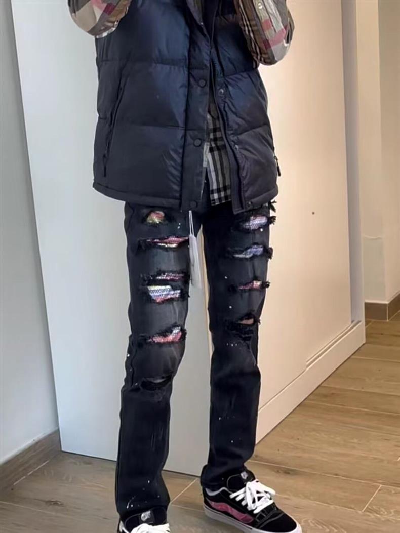 ​​Men's Slim Fit Distressed Patchwork Jeans - High Street Style Black Skinny Ripped Denim Pants For Casual Wear​​_mkmklike.com
