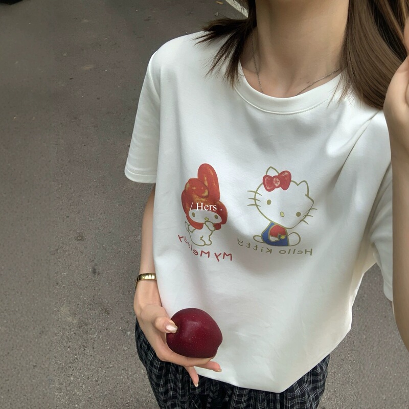 Hers Sweet Summer Korean Style Cartoon Cat Print Versatile Slimming Casual Round Neck Short Sleeve T-Shirt for Women 6129 Hers Sweet Summer Korean Style Cartoon Cat Print Versatile Slimming Casual Round Neck Short Sleeve T-Shirt for Women 6129