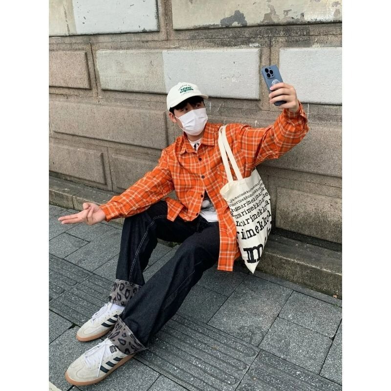 Orange American Retro Plaid Shirt Long-Sleeved Jacket for Men and Women Loose Casual Versatile High Street Couple Shirt Orange American Retro Plaid Shirt Long-Sleeved Jacket for Men and Women Loose Casual Versatile High Street Couple Shirt
