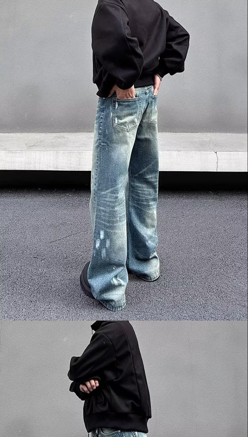 Unisex Trendy Loose Straight Leg Jeans American Retro Cleanfit Splatter Paint Casual Floor Length Wide Leg Pants_mkmklike.com