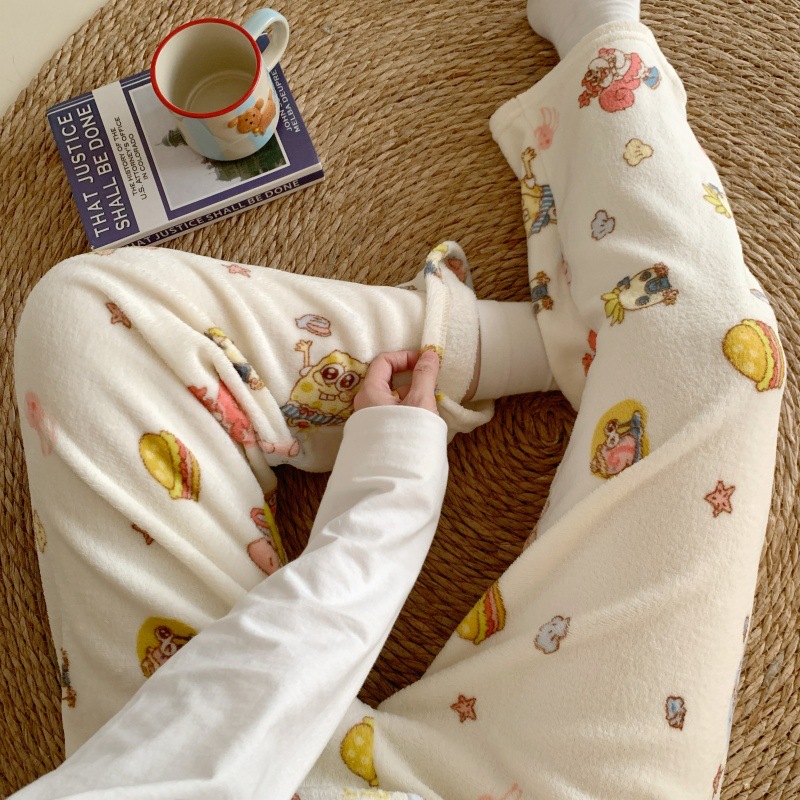 Pantalones de pijama de franela de dibujos animados de otoño y invierno para mujeres con pantalones de lana de coral caliente para estudiantes de lana de invierno para el hogar