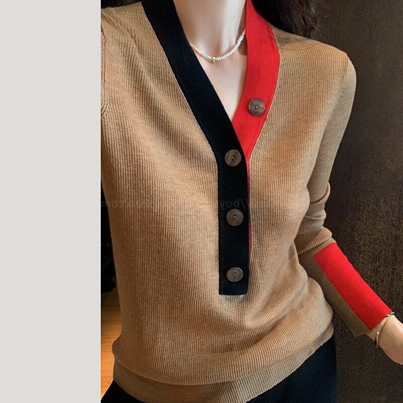 Good quality knock over Van Gogh palette V-neck color matching neckline sleeves knitted wool top