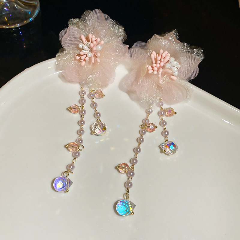 Aguja de plata Rosa malla flor perla borla pendientes diseño de moda dulce temperamento pendientes al por mayor femenina