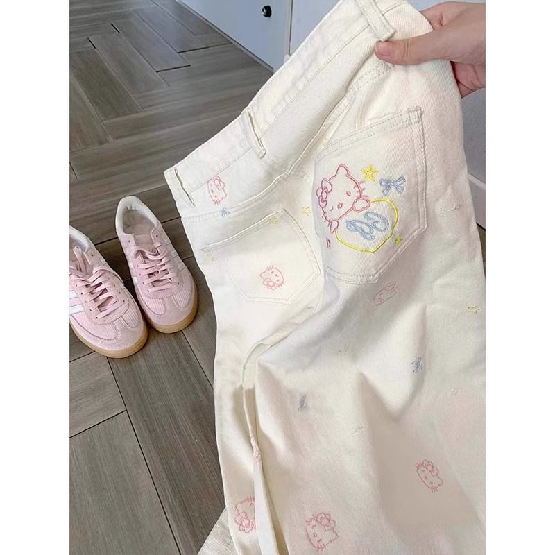 白いかわいいキティ漫画刺繍ジーンズ女性の夏の大きいサイズデザインアメリカンワイドレッグストレートパンツ|undefined