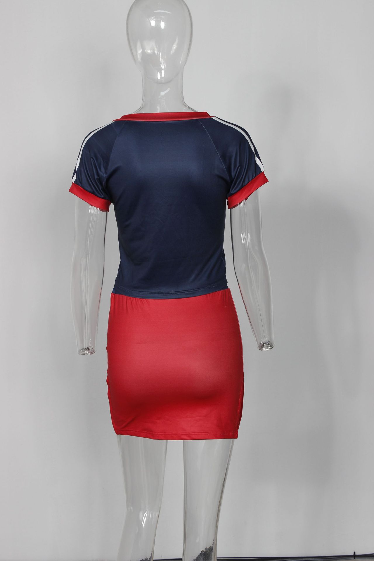 Summer Sweetheart Girl Elastic Sports V neck Color-Block Printed Short Top Skirt Outfit