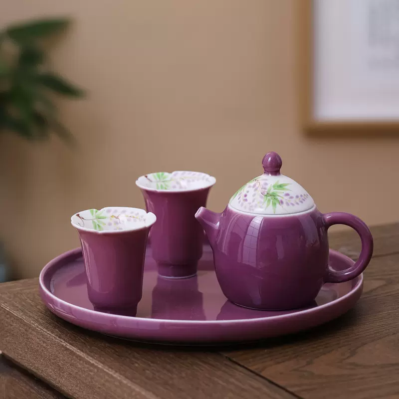 日式简约风小清新女士茶具 手绘一壶两杯 陶瓷盘茶壶随手礼品套装