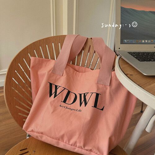 Korean chic salmon pink tote canvas bag ins new versatile letter retro large capacity shoulder bag