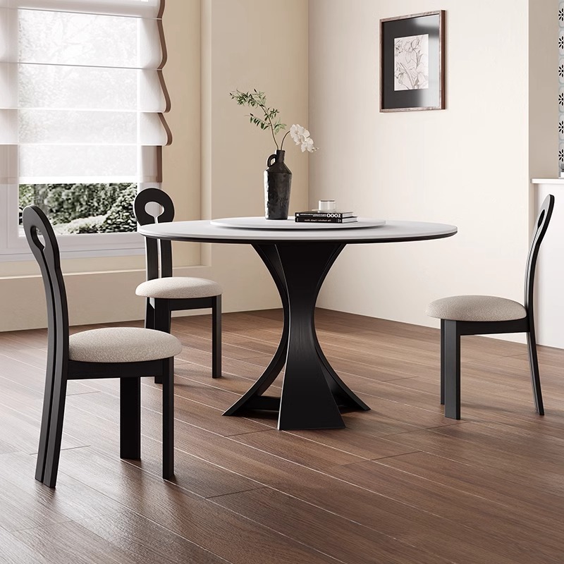 Mesa de comedor delgada redonda de madera maciza retro ligera francesa 2025 nueva placa de roca negra de gama alta crema estilo medio americano