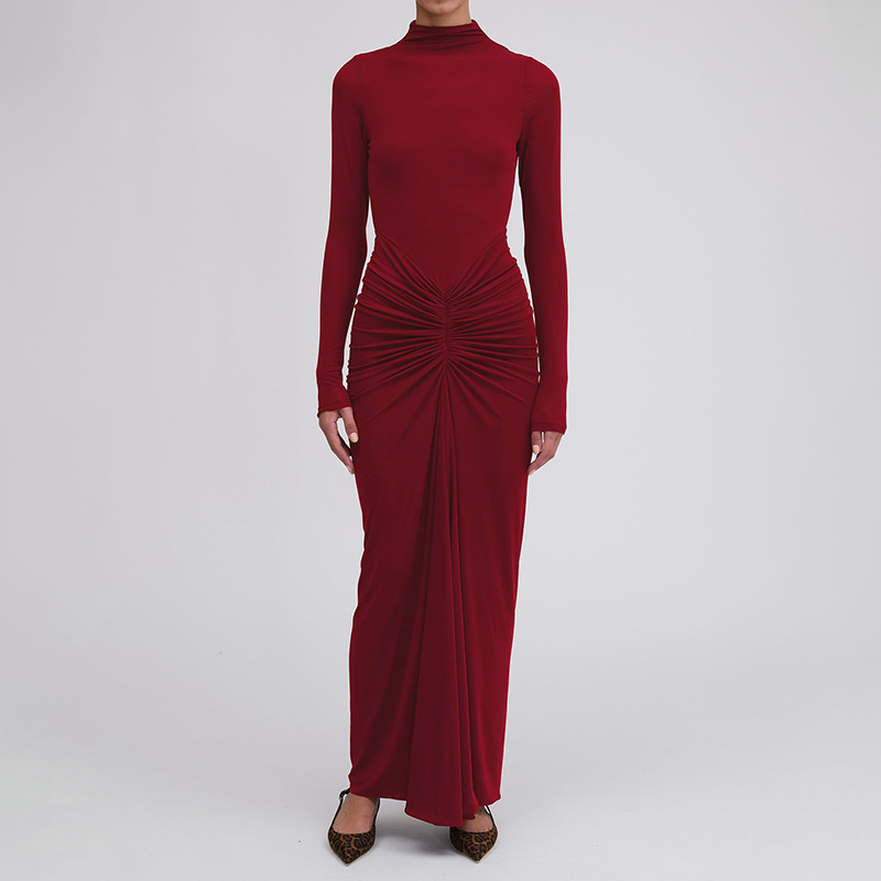 2025 Autumn Winter New Cross-Border European And American Foreign Trade Sexy Waist Slimming Solid Color Long Elegant_ecoleips.com