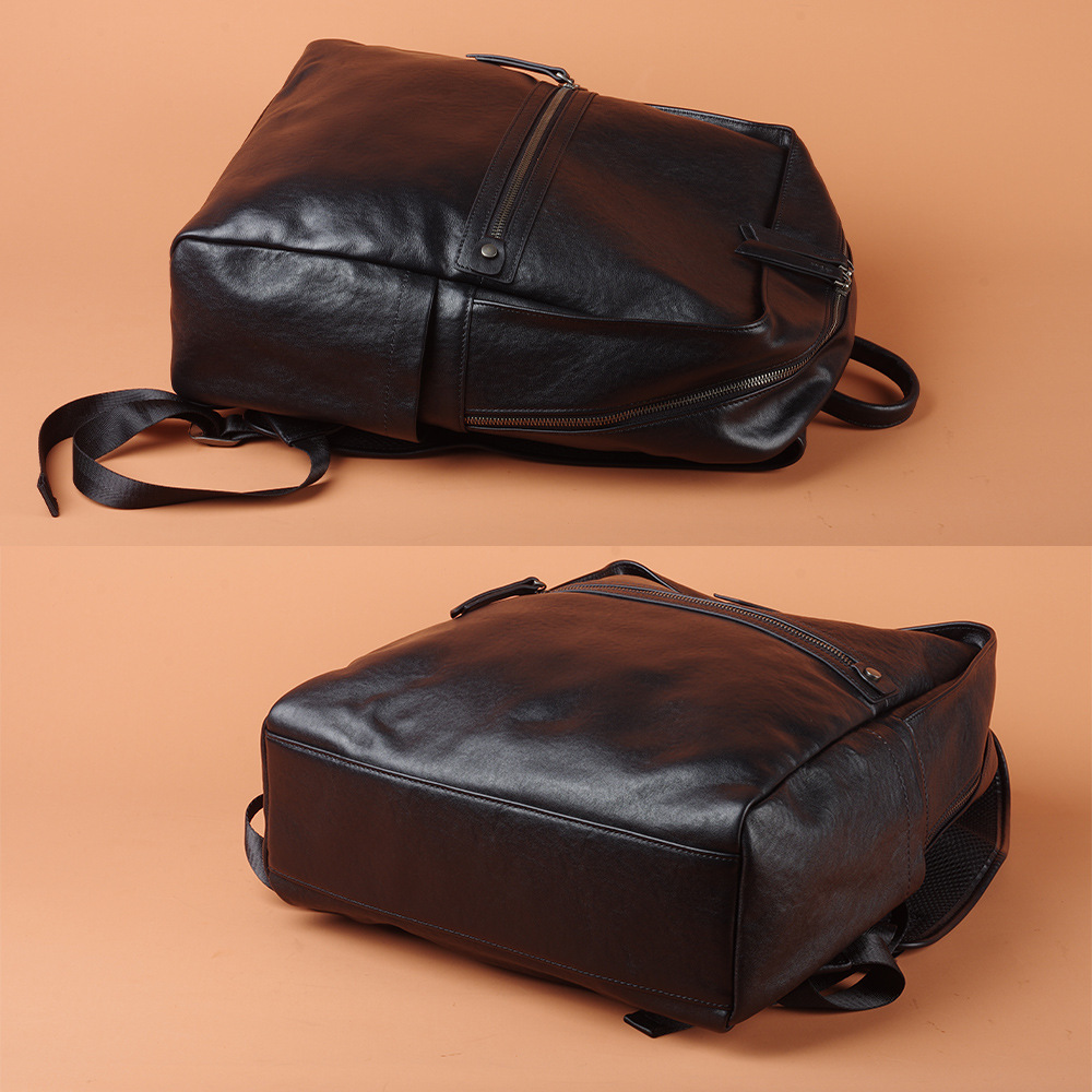 New Top Grain Cowhide Leather Backpack Laptop Bag Business Commuter Black Unisex Travel Backpack - Thumbnail 4