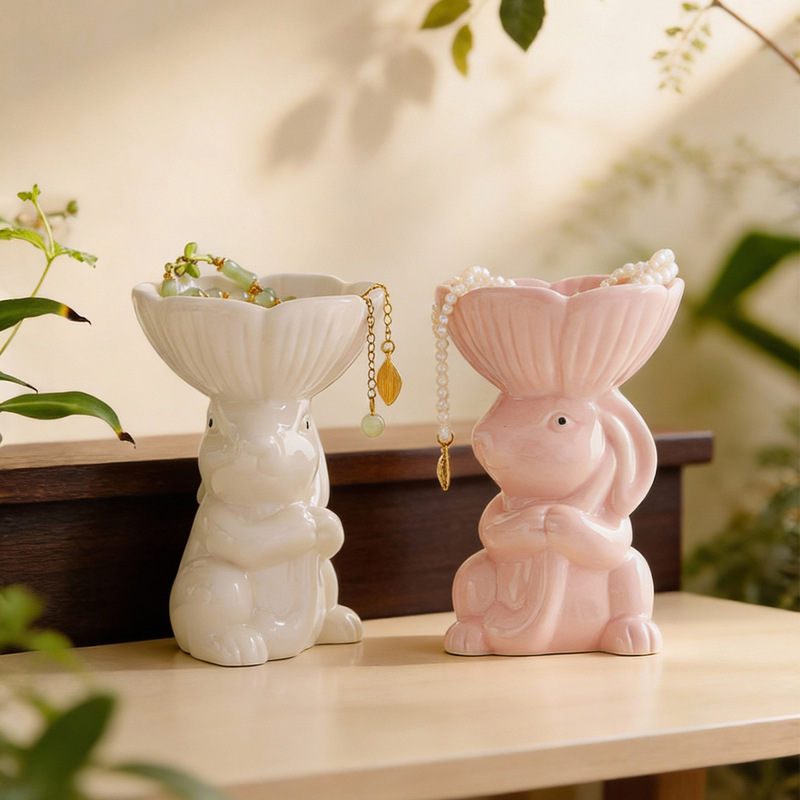 Cross-Border Hot-Selling Ceramic Rabbit Jewelry Tray, Simple Ring and Earring Storage Tray, Modern Home Decoration Art Ornament